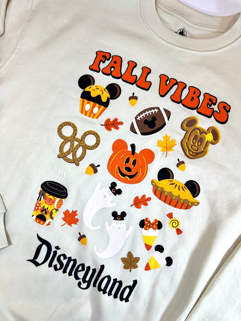 Disneyland Fall Vibes Icons Adult Crewneck Cream Sweatshirt - NWT